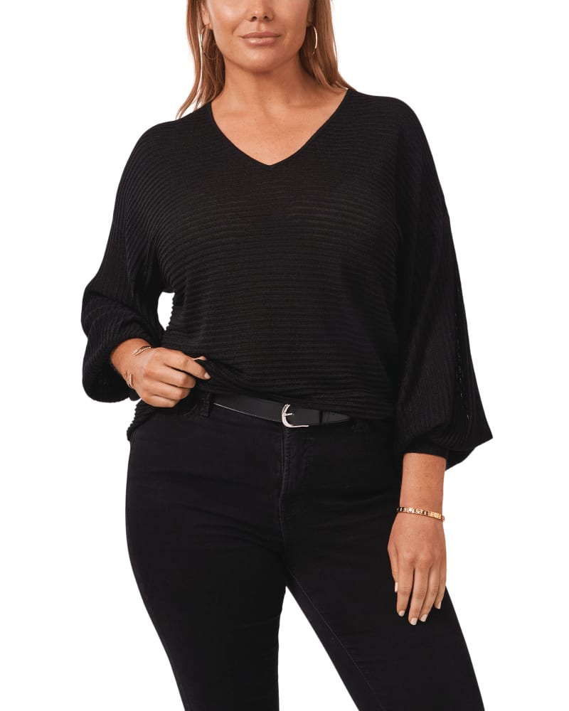 Front of a model wearing a size 1X Eliana Balloon-Sleeve Sweater in RICH BLACK by 1.State. | dia_product_style_image_id:262401